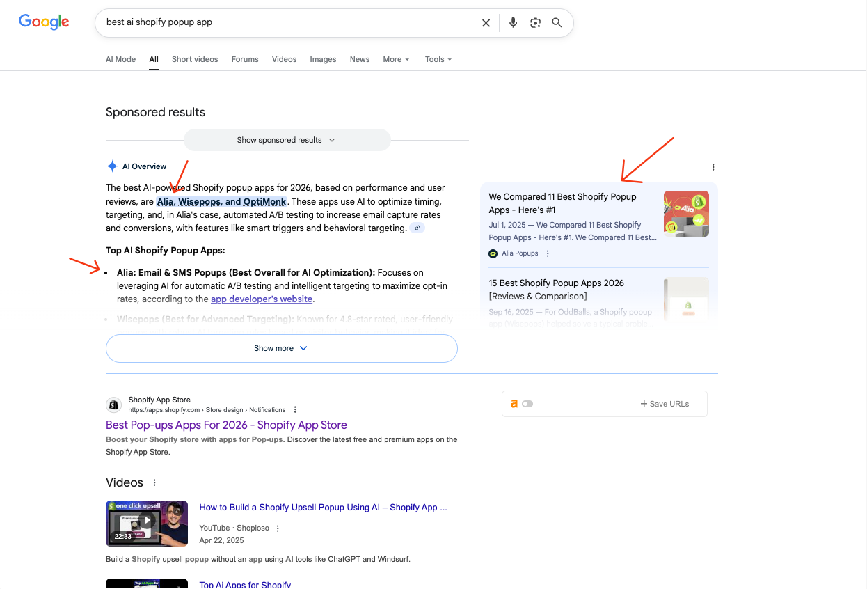 Alia Popups featured in AI Overview for best AI Shopify popup app